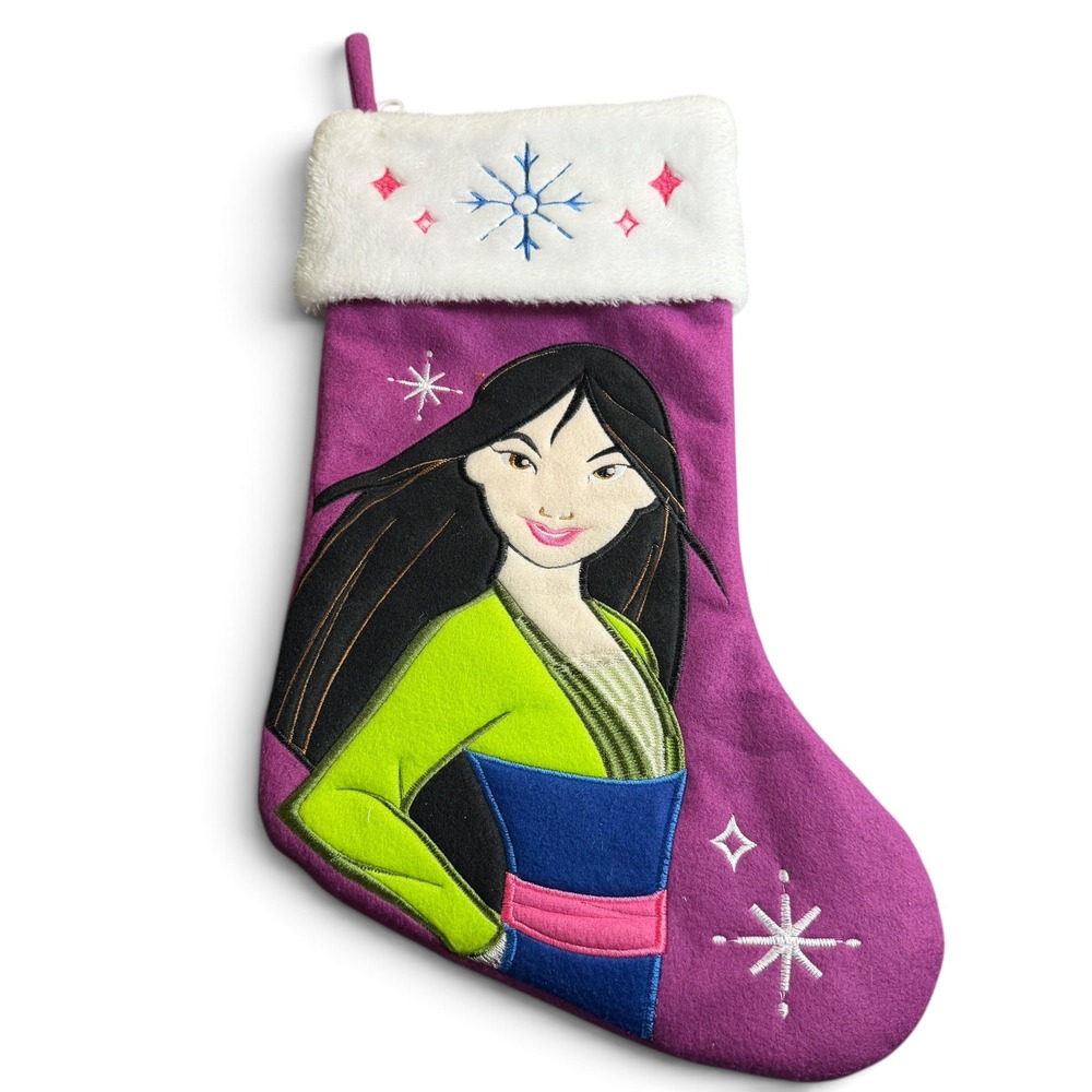 Disney Mulan Christmas Stocking Purple Embroidered Faux Fur Cuff Holiday Decor